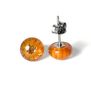 Orange Glass Stud Earrings, 8MM Millefiori Earrings, Surgical Steel Earring Studs, Fused Glass Autumn Earrings