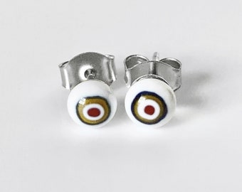 Millefiori Glass Stud Earrings, Murano Glass Post Earrings, Fused Glass Earring Studs, Tiny 5MM Evil Eye White Earrings