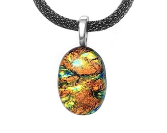 Dichroic Glass Pendant Necklace, Fused Glass Pendant, Small Oval Orange Womans Necklace