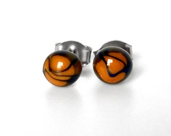 Murano Glass Earring Studs, Surgical Steel Post Millefiori Earrings, Small Abstract Orange and Black Fused Glass Earrings