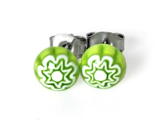 Surgical Steel Stud Earrings 6MM, Fused Glass Millefiori Earring Dots, Small Lime Green Floral Young Girl Earrings
