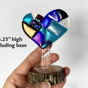 Statue de cœur en verre fondu sur base en bois, sculpture dart en verre faite à la main, cadeau romantique pour la Saint-Valentin, Bleu