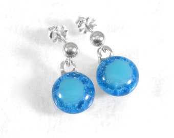 Fused Glass Earrings, Sterling Silver Turquoise Blue Post Earrings, Gift For Woman
