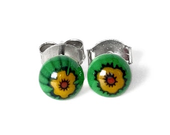 Millefiori Earrings 5mm, Fused Glass Surgical Steel Studs, Green Flower Earrings, Murano Glass Studs