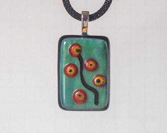 Fused Glass Pendant Necklace, Green with Orange Poppies, Floral Abstract Glass Art