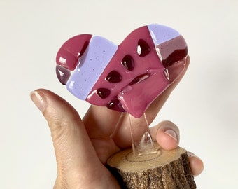 Fused Glass Heart Statue on Wood Base, Handmade Glass Art Sculpture, Romantic Gift for Valentines Day,
