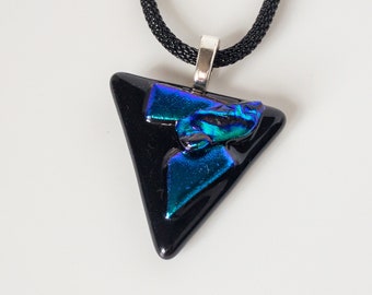 Fused Dichroic Glass Pendant Necklace, Black Triangle with Purple Blue & Green, 1 Inch