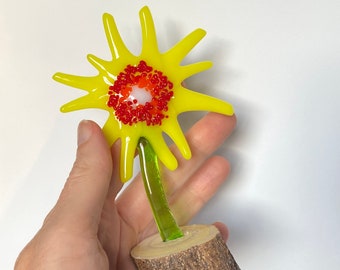 Fused Glass Flower Sculptures on Wood Stand, 5 Inches High, Yellow and Orange Spring Flowers