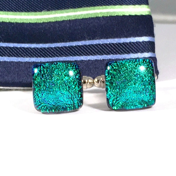 Green Dichroic Glass Cuff links, Teal Green Square Mens Cufflinks, Valentines Day Gift for Husband