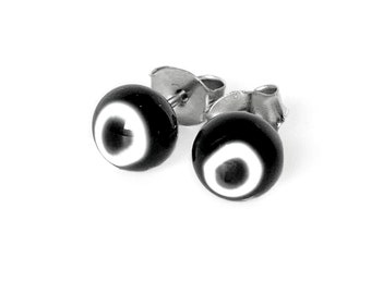Millefiori Murano Stud Earrings, Black and White Evil Eye Ear Studs, Surgical Steel Post Earrings, Fused Glass Earrings