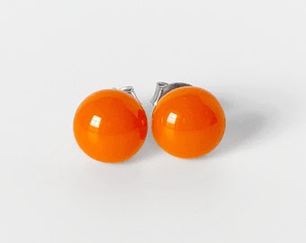 Fused Glass Stud Earrings, 7MM Round Bright Orange Post Earrings, Titanium Earrings Studs