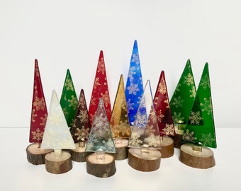 Fused Glass Mini Christmas Trees on Wooden Stand, Minimalist Metallic Snowflake Winter Holiday Decor