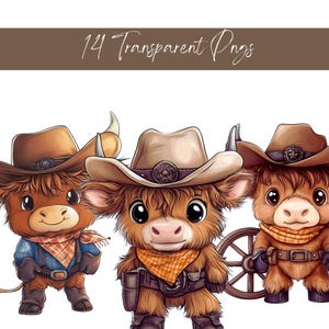 May include: Three cartoon Highland cows wearing cowboy hats and bandanas. The cows are brown and white with big eyes and are wearing a variety of cowboy hats and bandanas.