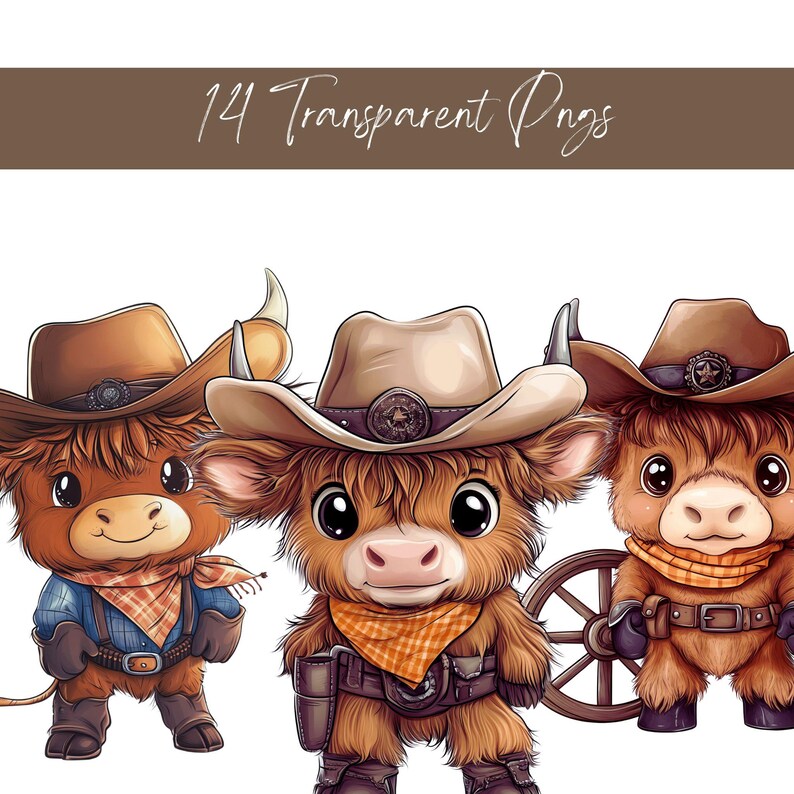 May include: Three cartoon Highland cows wearing cowboy hats and bandanas. The cows are brown and white with big eyes and are wearing a variety of cowboy hats and bandanas.