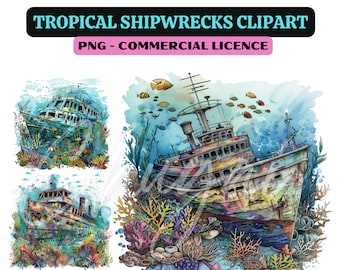 10 PNG - Tropical Shipwrecks Clipart - Digital Download - Design - Digital Craft - Nautical, Old Boats, Sunken Ships, Undersea