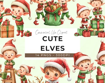 Cute Christmas Elves Clipart - 14 Transparent PNG - Instant Download - Elf Sublimation - Christmas Card Design - Watercolour Elf - Reindeer
