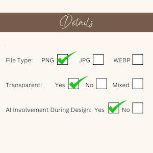 May include: A checklist with checkboxes indicating that the file type is PNG, the image is transparent, and AI was involved in the design.