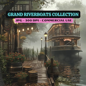 May include: A vintage riverboat docked at a wooden pier with a foggy atmosphere. The boat has a sign that reads "Grand Illusion" and is decorated with lights. The pier has wooden barrels and flowers.