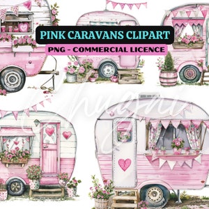 10 PNG - Caravanas Rosas Clip Art - Transparente - Descarga Digital - Diseño - Artesanía - Fabricación de tarjetas - POD - Camping, Vacaciones, Retro, Vintage