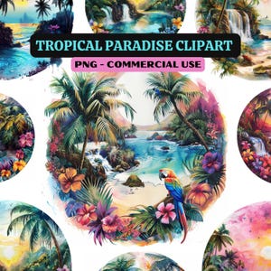 10 PNG - Tropical Paradise - Tropical Island - Transparent - Instant Download - Beach - Waterfall - Palm Tree - Ocean - Parrots - Clipart