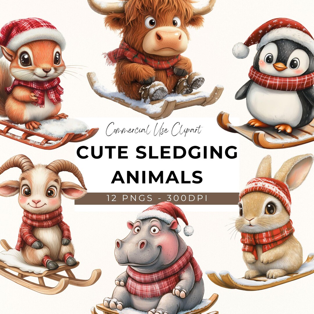Cute Sledging Animals Clipart - 12 Transparent PNG - Instant Download ...