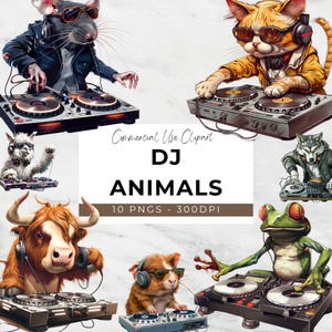 10 PNG - DJ Tiere Clipart - Digitaler Download - Design - Digitales Handwerk - Kartengestaltung - Becherdesign - Panda, Pinguin, Kuhfrosch und mehr