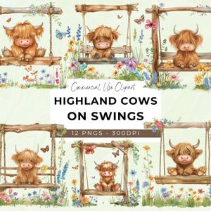 Floral Highland Cow Clipart - 12 Transparent PNG - Instant Download - Butterflies - Baby Highland Cow - Cute Animal - Highland Cow Flowers