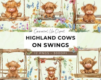 Floral Highland Cow Clipart - 12 Transparent PNG - Instant Download - Butterflies - Baby Highland Cow - Cute Animal - Highland Cow Flowers