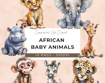 Cute African Baby Animal Clipart - PNG - Digital Download - Crafting Design - Lion - Zebra - Giraffe - Elephant - Porcupine - Hippo - Rhino
