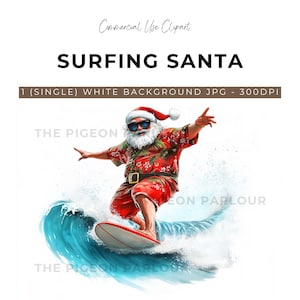 Surfing Santa Clipart - 1 (Single) White Background JPG - Instant Download - Quirky Santa - Summer Christmas - Scrapbooking - Card Design