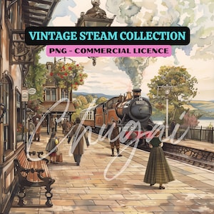 8 PNG - Arte digital de trenes de vapor vintage - Descarga digital - Diseño - Artesanía digital - Fabricación de tarjetas - POD - Ferrocarril de vapor