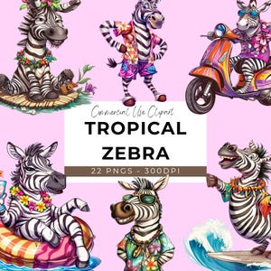 Tropical Zebra Clipart - 10 Transparent PNG - Clipart Bundle - Quirky Zebra Clipart - Funny Animal Clipart - Quirky Safari Animal - Hawaiian