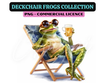 8 PNG - Frogs in Deckchairs Clipart - Transparent - Digital Download - Design - Craft - Card Making - Cute Animal, Funny Animal, Frog, Beach