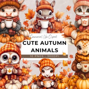 Cute Autumn Animal Clipart - 10 PNG transparente - Download instantâneo - Clipart de outono - Abóbora - Girafa - Vaca - Cabra - Coruja - Gato - Cachorro - Coala