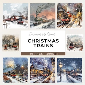Clipart Train de Noël - téléchargement numérique - Design - artisanat numérique - fabrication de cartes de Noël - POD - art numérique train à vapeur vintage dans la neige