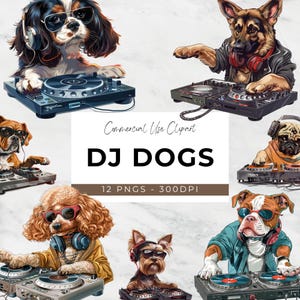 12 PNG - DJ Dogs Clipart - Digital Download - Design - Digital Craft - Card Making - Mug Design - Funny Dogs, Disco, DJ, Nightlife, Animal