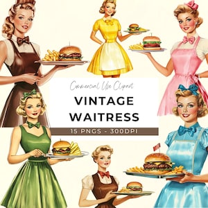 Vintage Kellnerin ClipArt - 15 transparente PNG - Digital Download - Clip Art - Handwerk - Hamburger, Retro Diner, Kellnerin, 1950er Jahre, Burgerladen