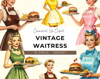 Vintage Waitress Clipart: 1950s Diner PNG Graphics (Digital Download)