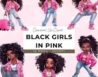 Black Girl Chibi Clipart - 16 Transparent PNG - Instant Download - Black Women in Pink - Chibi Girl - African American - Black Girl Jeans