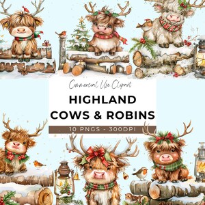 Clipart de vaca das terras altas de bebê de Natal - 10 PNG transparentes - Download instantâneo - Robbin de Natal - Animal fofo - Design de cartão - Scrapbooking