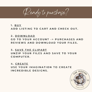 May include: A brown and white graphic with the text "Ready to purchase?" and a list of four steps for buying and downloading clipart. The steps are: 1. Buy, 2. Download, 3. Save the Clipart, and 4. Create. The graphic also includes a logo for The Pigeon Parlour, which features a cartoon pigeon wearing a pair of goggles and holding a map.