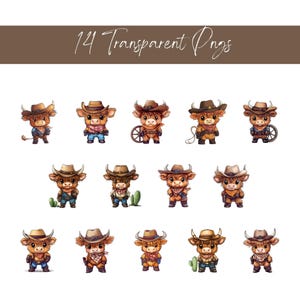 May include: 14 digital illustrations of cartoon brown and white Highland cows wearing cowboy hats and outfits. The cows are holding various props, including a lasso, a cactus, a wagon wheel, and a gun.