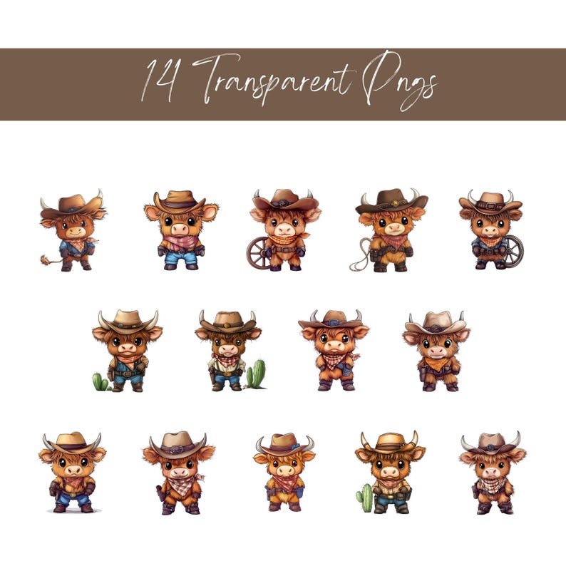 May include: 14 digital illustrations of cartoon brown and white Highland cows wearing cowboy hats and outfits. The cows are holding various props, including a lasso, a cactus, a wagon wheel, and a gun.