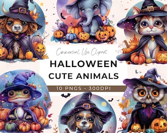 Halloween Cute Animals Clipart - 10 Transparent PNG - Halloween Halloween PNG - Dog - Cat - Elephant - Owl - Frog - Highland Cow - Giraffe