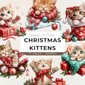 Clipart Noël chatons - 17 PNG Transparents - téléchargement immédiat - chat mignon - joli graphique de Noël - chaton endormi - artisanat de Noël