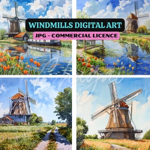 10 JPG - Arte digital de molinos de viento - Descarga instantánea - Edificios antiguos de estilo rústico y holandés