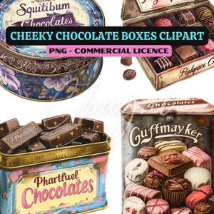 May include: Four vintage tin boxes filled with assorted chocolates. The boxes are decorated with colorful designs and text, including "Squitibum Chocolates", "Phartfuel Chocolates", "Figlapace Chocolates", and "Guffmay ker Chocolates".
