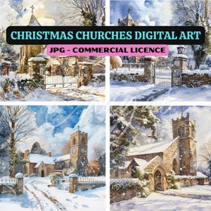 10 JPG - églises de Noël art numérique - téléchargement immédiat - conception de cartes de Noël - Noël mignon - scène de neige