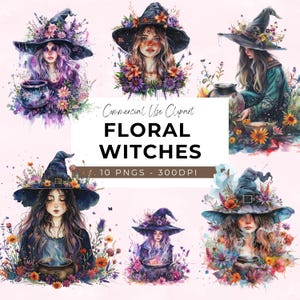 May include: Digital clipart set of ten floral witches with watercolor backgrounds. Each witch is wearing a pointed hat with flowers and holding a cauldron. The witches have long flowing hair and are surrounded by flowers.