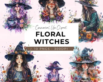 Floral Witch Clip Art - Transparent PNG- Instant Download - Design - Craft - Card Making - Magic - Mystical - Nature - Good Witch - Wicca